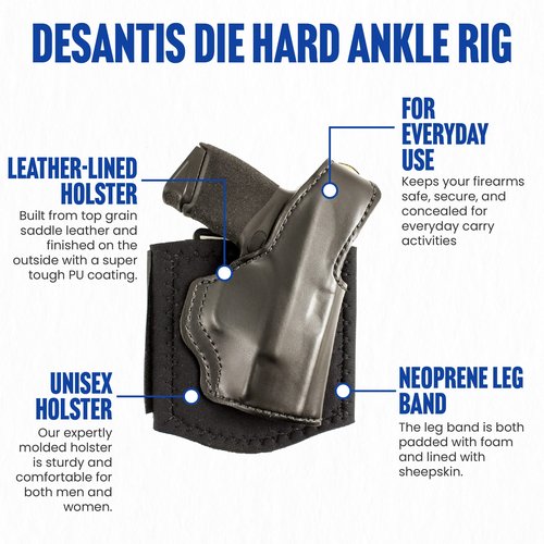 Desantis Die Hard Ankle Rig, Concealed Ankle Holster, Leather Lined Holster with Thumb Break, Neoprene Leg Band, Fits Springfield Hellcat 3”, Hellcat OSP 3”, Unisex, Right-Hand Draw, Black
