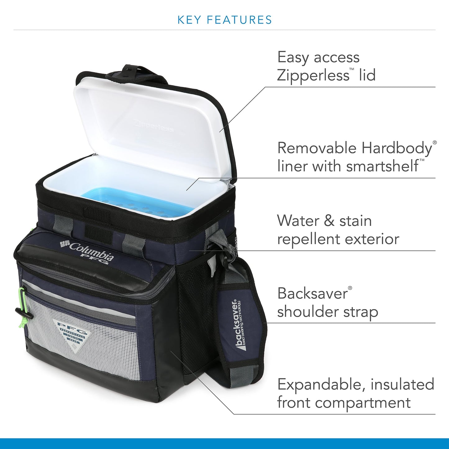 Columbia PFG Thermal Pack Cooler - 22 Can Zipperless Hardbody Cooler with ThermaCool High Performance Insulation, HardBody Liner, and SmartShelf - Navy Blue