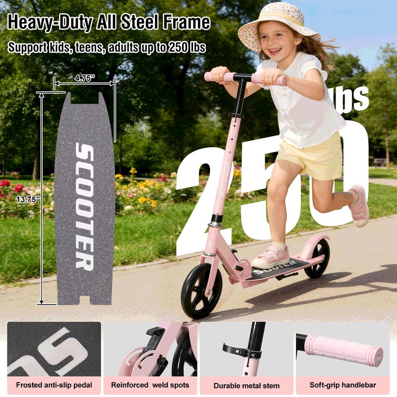 Scooter for Age 6+, with Carry Straps, Folding Kick Scooters for Kids 8-12,Teens, Adults up to 250Lbs,3 Adjustable Height, Rear Brake, Wide Antislip Deck, Lightweight Scooter for Boys Girls