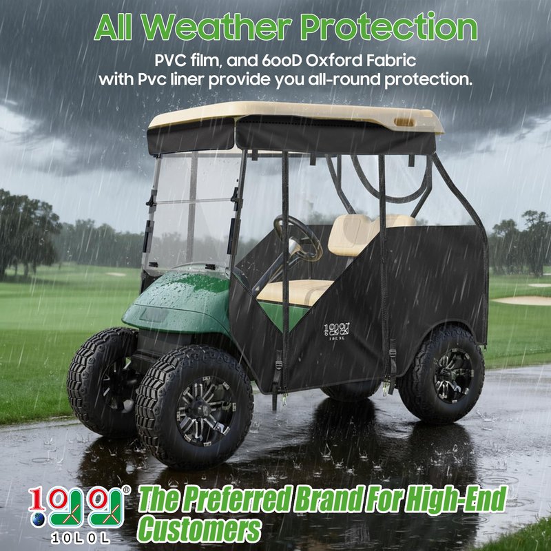 10L0L 3-Side Track Style Golf Cart Enclosure 2 Passenger Fits EZGO TXT & RXV Golf Cart Only, Heavy Duty 600D Waterproof Portable Drivable Golf Cart Storage Cover Enclosure (Track Style Black)