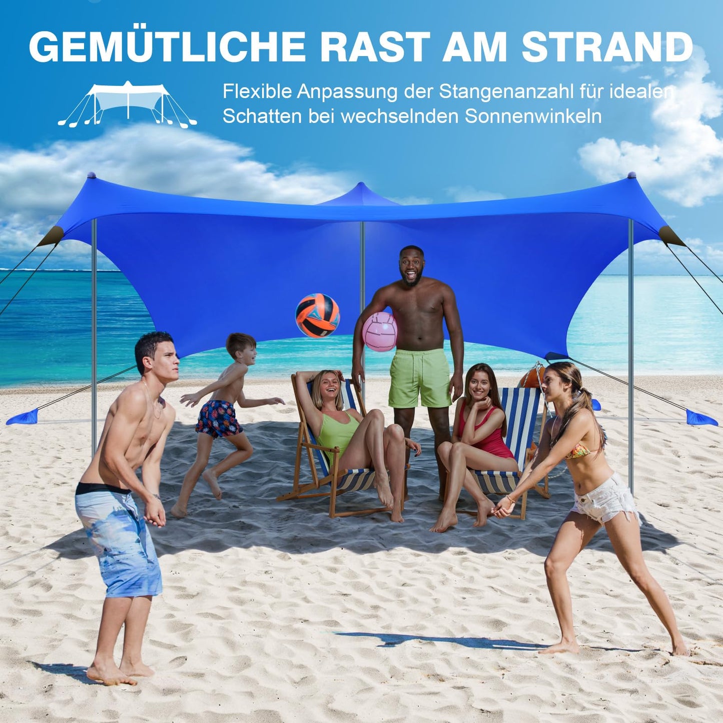 Rhino Valley Beach Tent, 10 x 10 FT Beach Shade UPF50+ Protection, Beach Canopy with 8 Sandbags 4 Stability Poles, Outdoor Beach Tent Sun Shelter Umbrella for Sand,Camping,Fishing Essentials,Dark Blue