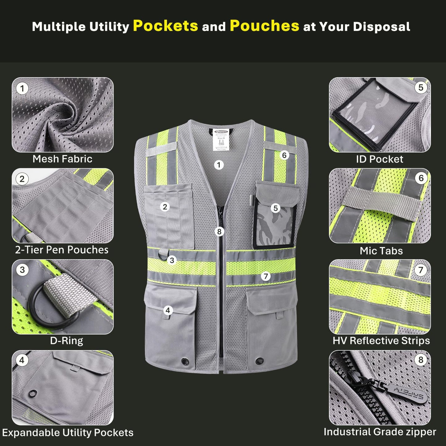 JKSafety Safety Vest for Men Women Hi Vis Relfective Vest with Pockets High Visibility Meet ANSI Standard Grey Color with Extended Yellow Strips (BX330-Grey M)