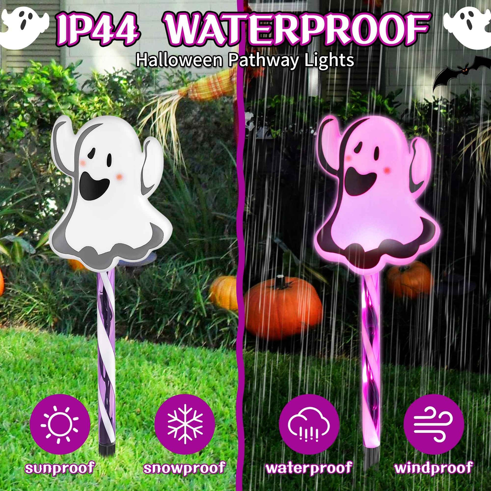 6 in 1 Halloween Ghost Pathway Light, 6 Pack Ghost Stake Lights with Pink LED, Waterproof Outdoor Decoration Ghosts Pathway Marker Lights for Lawn Walkway Yard Garden Party Decor