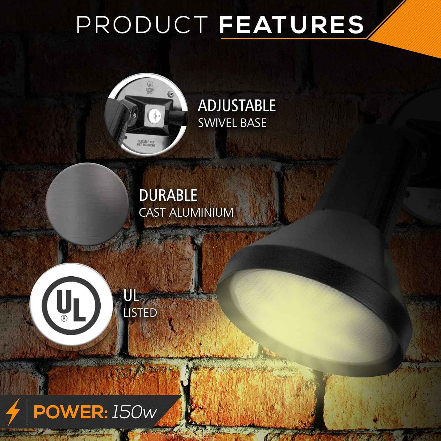 150W Outdoor Security Flood Light - Dual Head, Weatherproof Cast Aluminum, Dark Bronze Finish