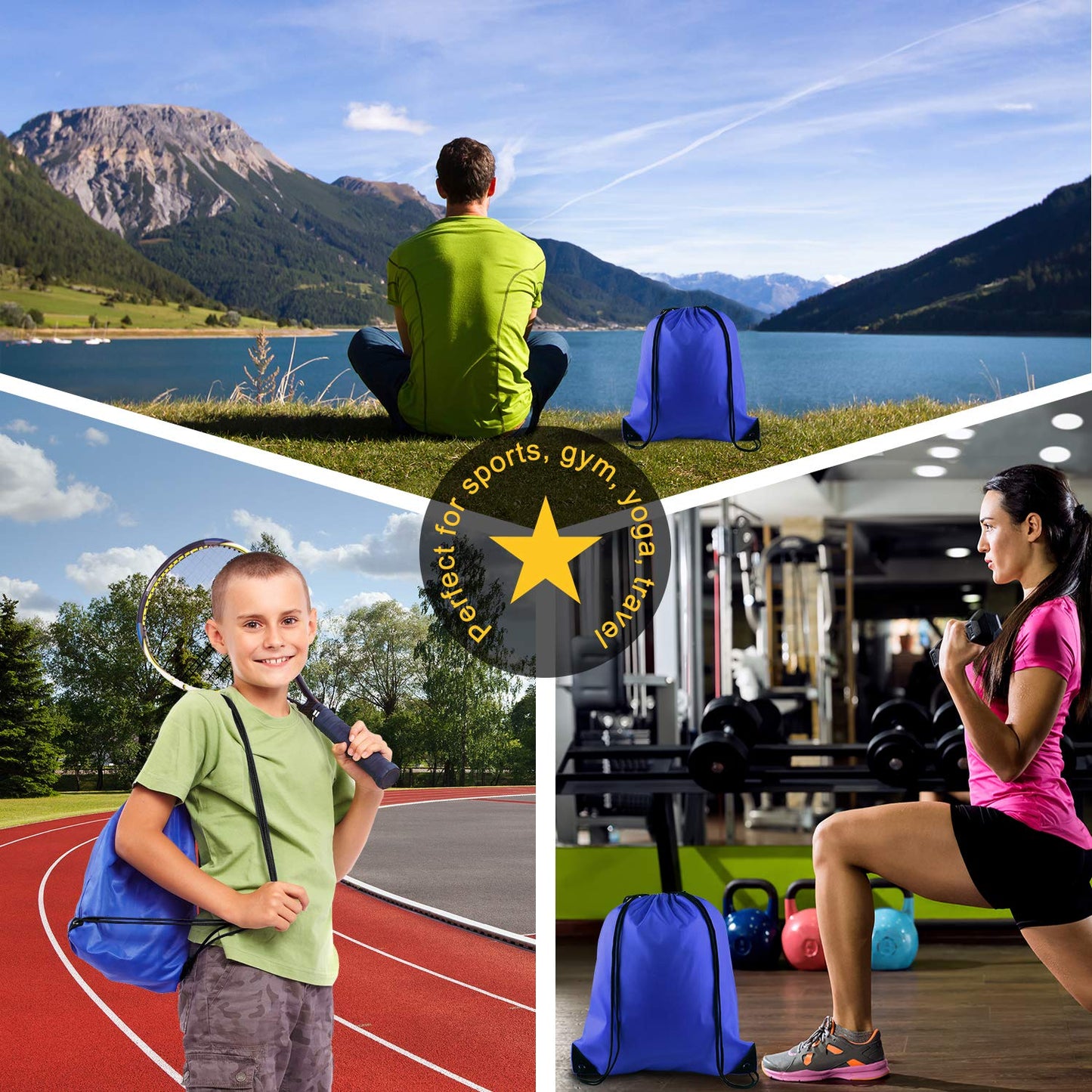 KUUQA 2 Pcs Drawstring Backpack Bags Bulk Sports Cinch Sack String Backpack Storage Bags for Gym Traveling（Black, Blue）