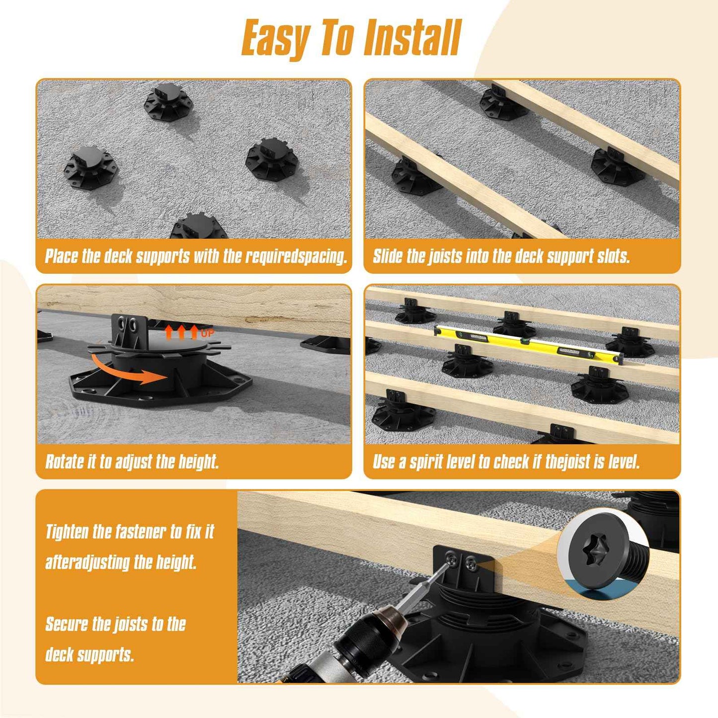 DECKIT 6 Pack Adjustable Deck Support Pedestal, High Load Deck Supports/Deck Blocks/Deck Support Blocks/Deck Footing for Floating Deck Platform & Floor Height Adjustment (1-3/16" to 2-3/8")