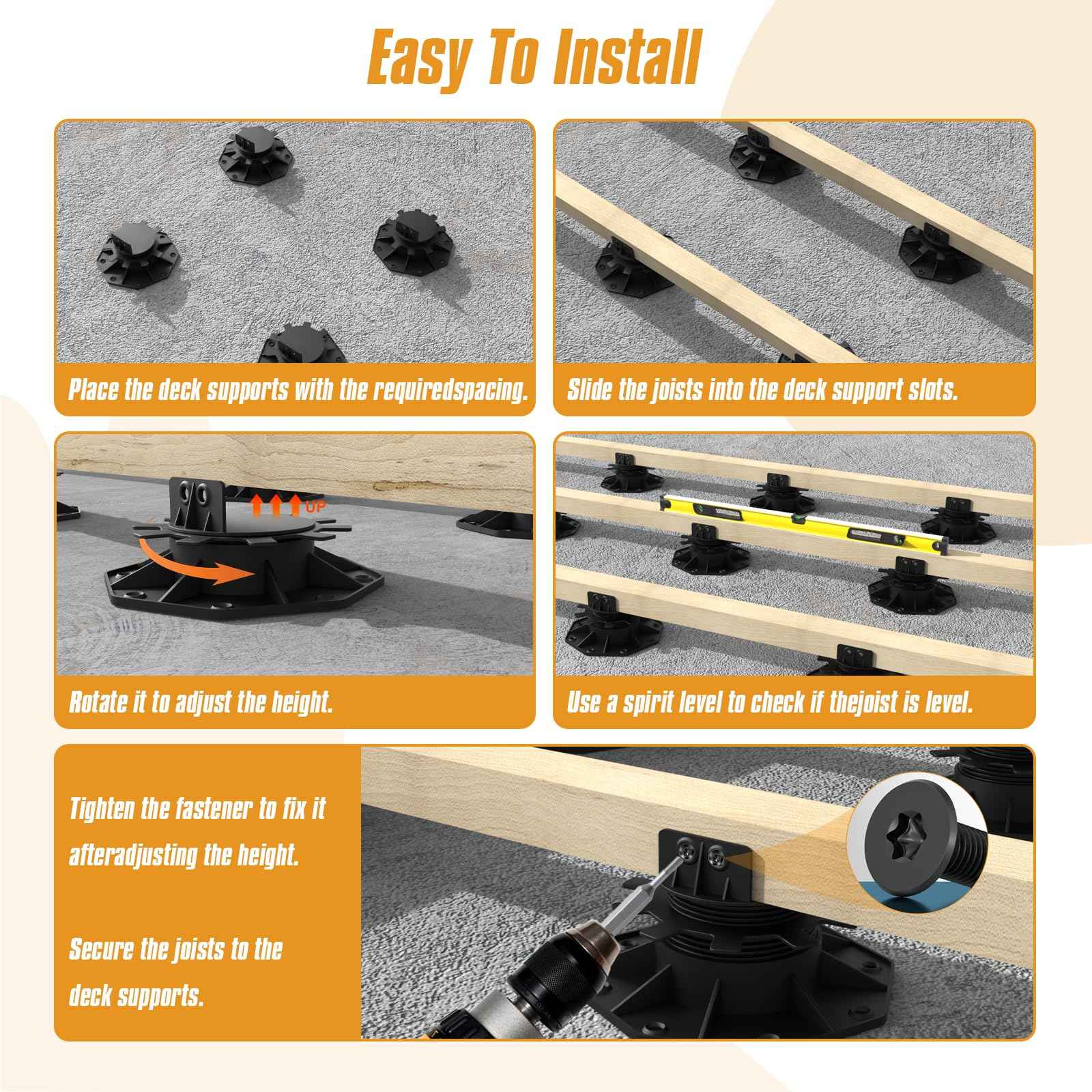 DECKIT 6 Pack Adjustable Deck Support Pedestal, High Load Deck Supports/Deck Blocks/Deck Support Blocks/Deck Footing for Floating Deck Platform & Floor Height Adjustment (1-3/16" to 2-3/8")