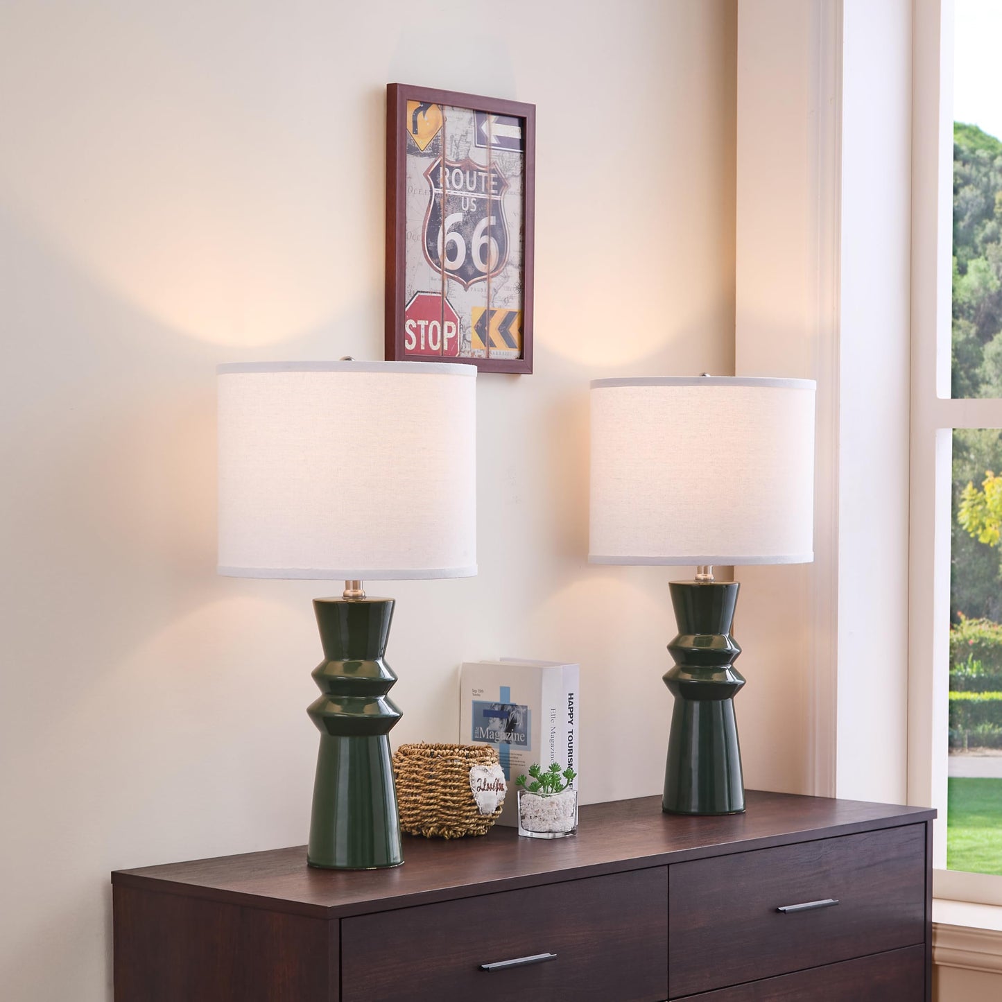 HGNPJC 24.75" Green Ceramic Table Lamp Set of 2-3-Way Dimmable Nightstand Lamps with Pallid Shade for Bedroom Farmhouse Bedside Nightstand Bedside Lamp End Table Lamps (Dark Green)