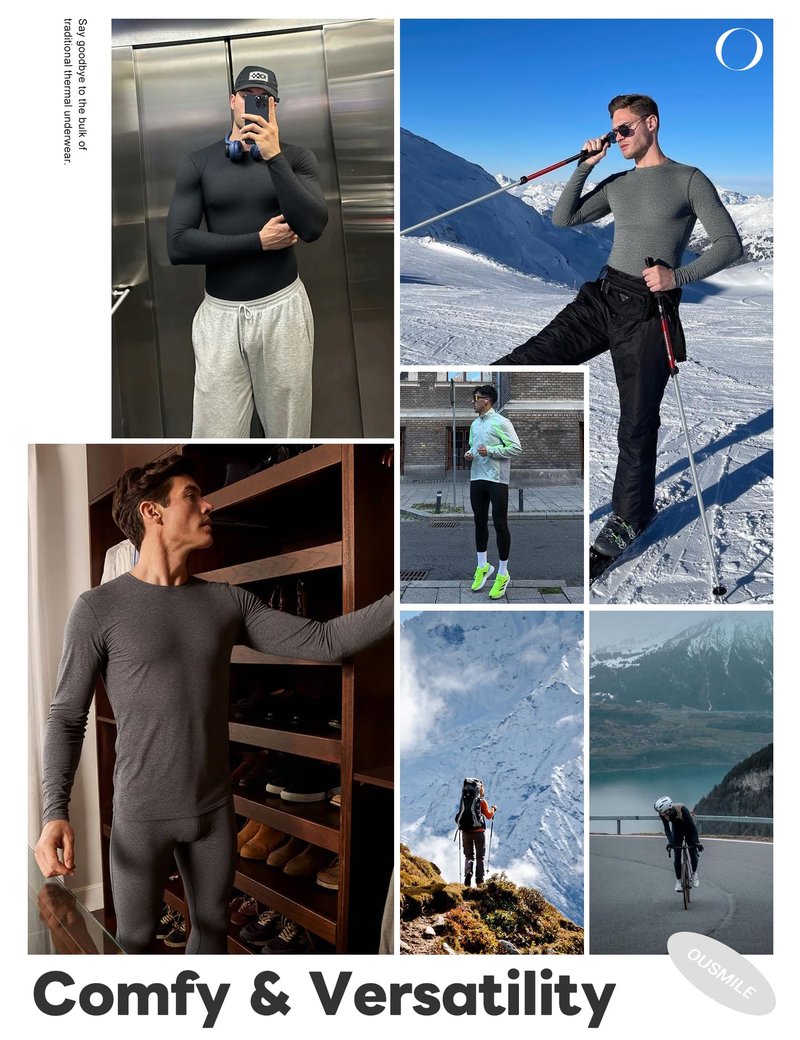 Ousmile Thermal Underwear for Men Long Johns with Fleece Lined Base Layer Set for Cold Weather Top Bottom Black, Medium
