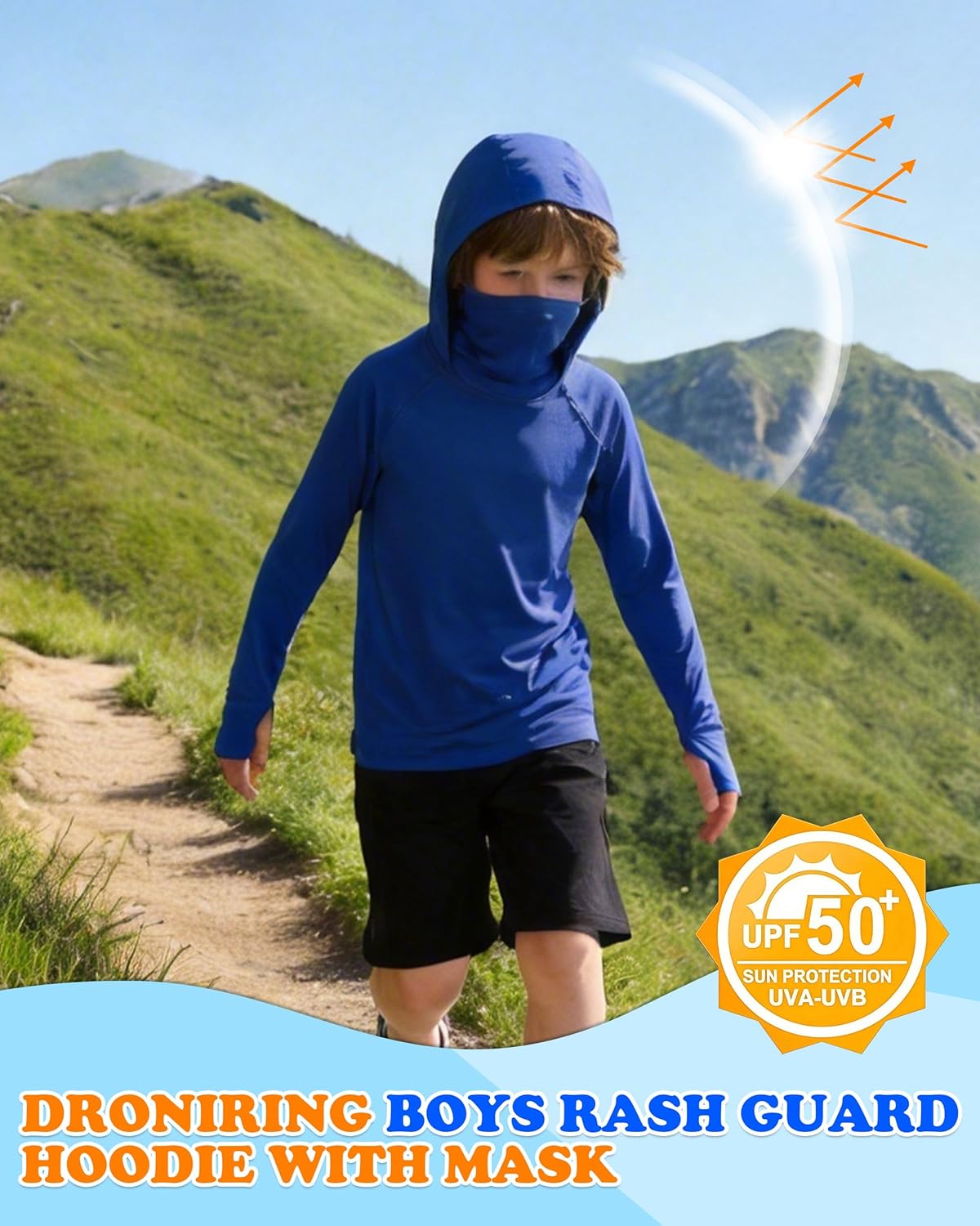 Skiennix Boys Hooded Fishing Shirt - UPF 50+ Long Sleeve Rash Guard Hoodie for Sun Protection