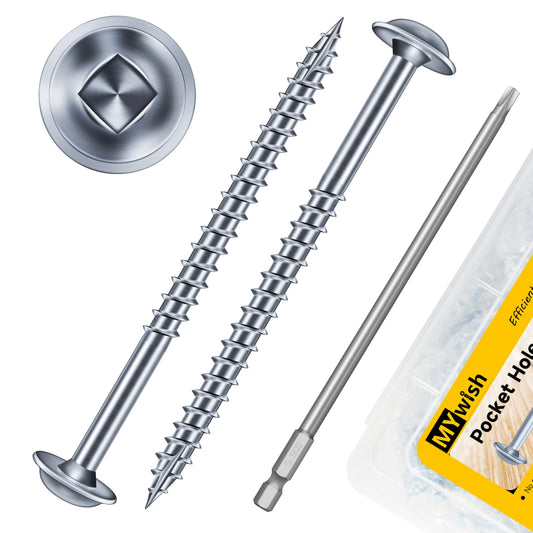 Mywish 100Pcs Pocket Hole Screws 2-1/2 Inch, Wood Screws #8 x 2-1/2" Washer Head Square Drive Self Tapping Pocket Screws, Zinc Plated, with 150MM Pocket Hole Drill Bit
