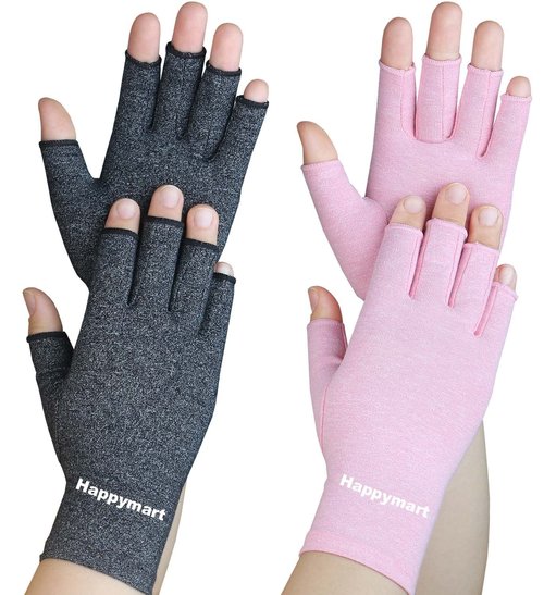 Happymart 2 Pairs Arthritis Gloves, Hand Compression Gloves for Rheumatoid, Pain Relief, Carpal Tunnel, Swelling, Joint Support, Driving Fingerless Gloves for Women Men (Black + Pink, Medium)