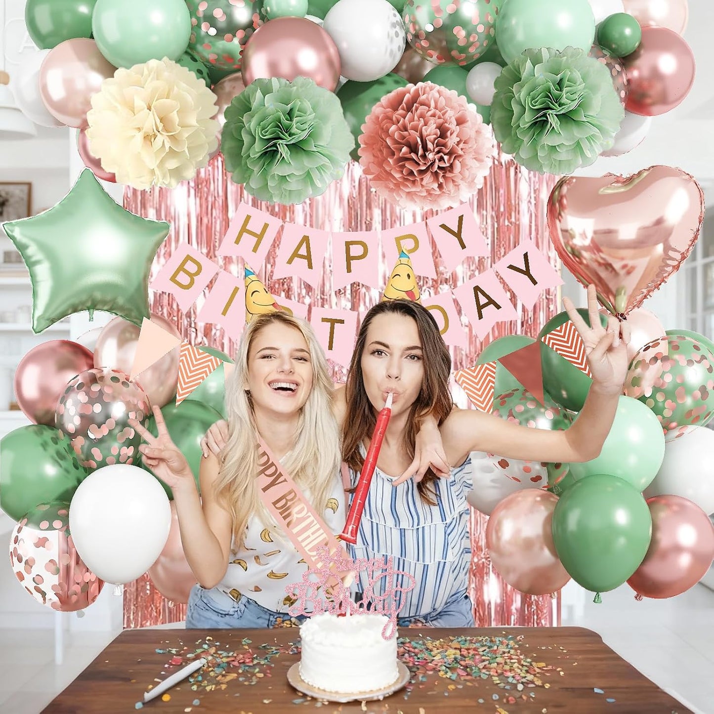 Regine Switzerland Birthday Decorations - Retro Rose Gold & Sage Green Party Décor | Foil Balloons, Happy Birthday Banner & Cake Topper