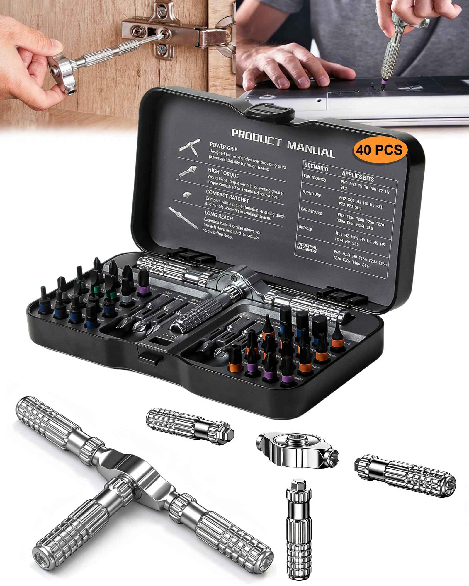 40 in 1 Magnetic Screwdriver Set, Detachable T Handle Ratchet Screwdriver Set, Portable DIY Ratcheting Screwdriver Multi S2 Steel Bits Repair Small Tool Kit for Computer, Mobile, Bicycle, Furniture