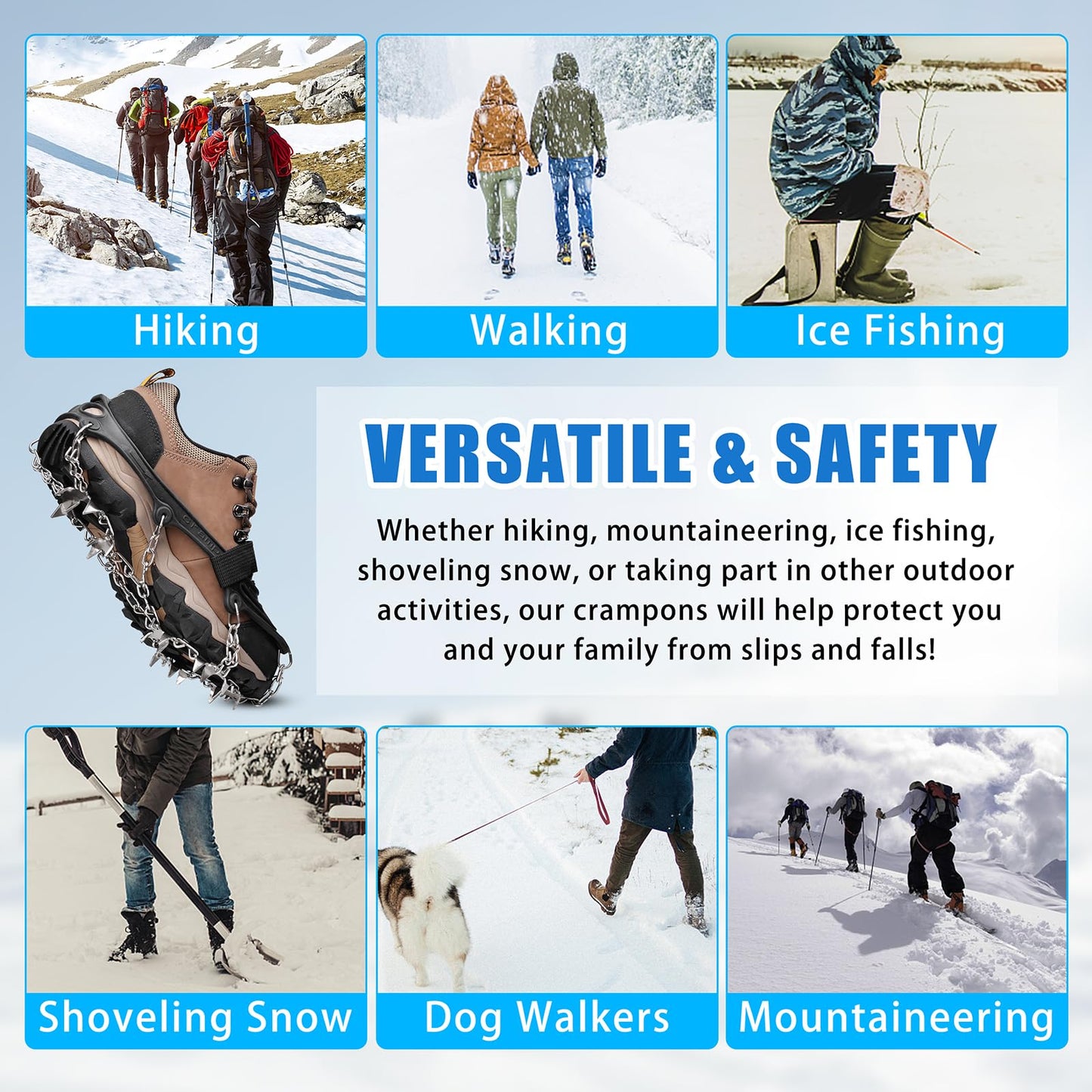 Crampons 19 Spikes Shoes Anti Slip Ice Cleats for Shoes and Boots, Traction Snow Cleats Crampons for Hiking Boots Women Men Safe Protect for Winter Walking Hiking Ice Fishing, Size XL