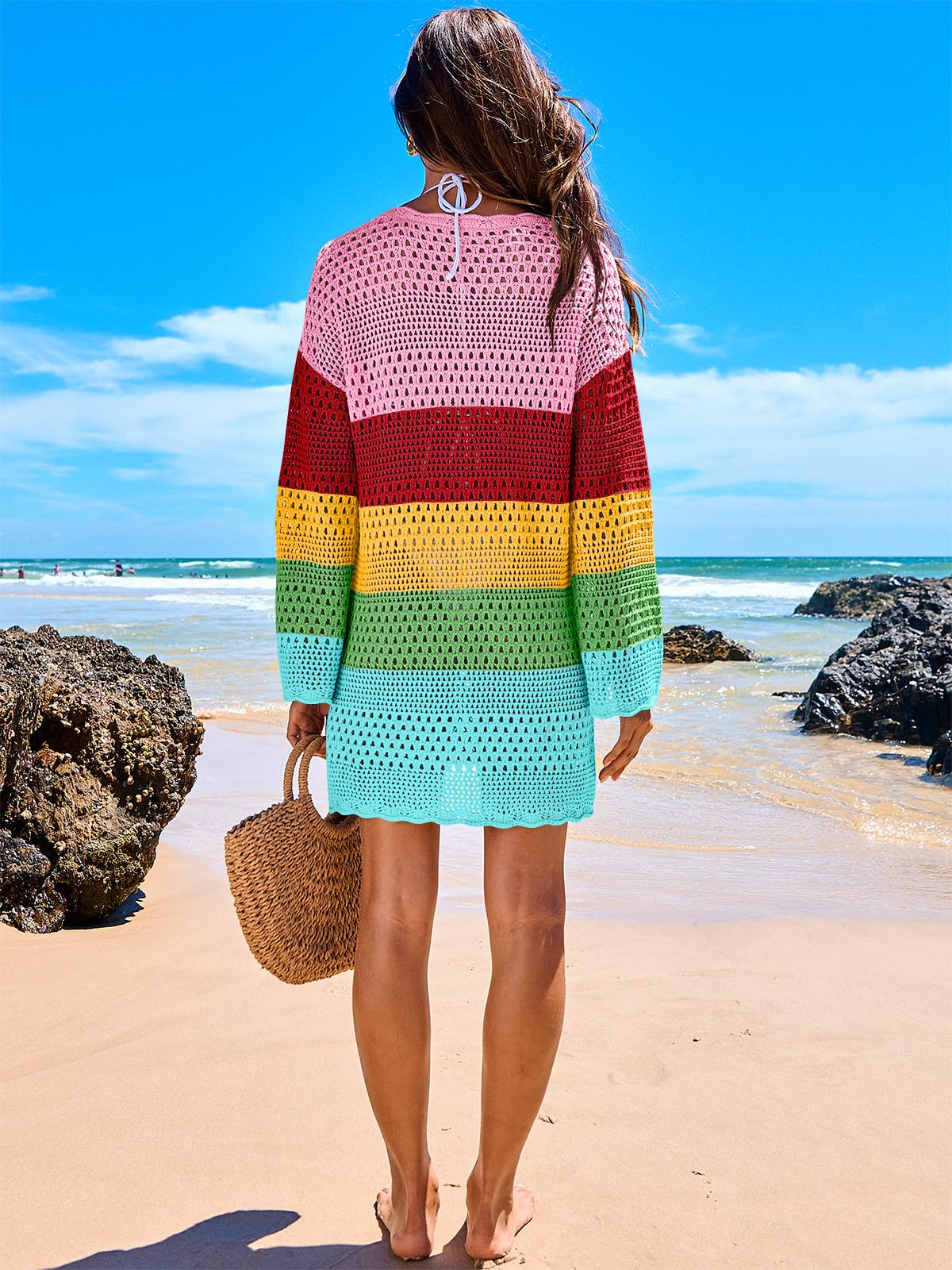 ANRABESS Women Swimsuit Crochet Swim Cover Up 2026 Summer Bathing Suit Swimwear Mesh Knit Beach Dress Vacation Outfits Rainbow Stripe Small