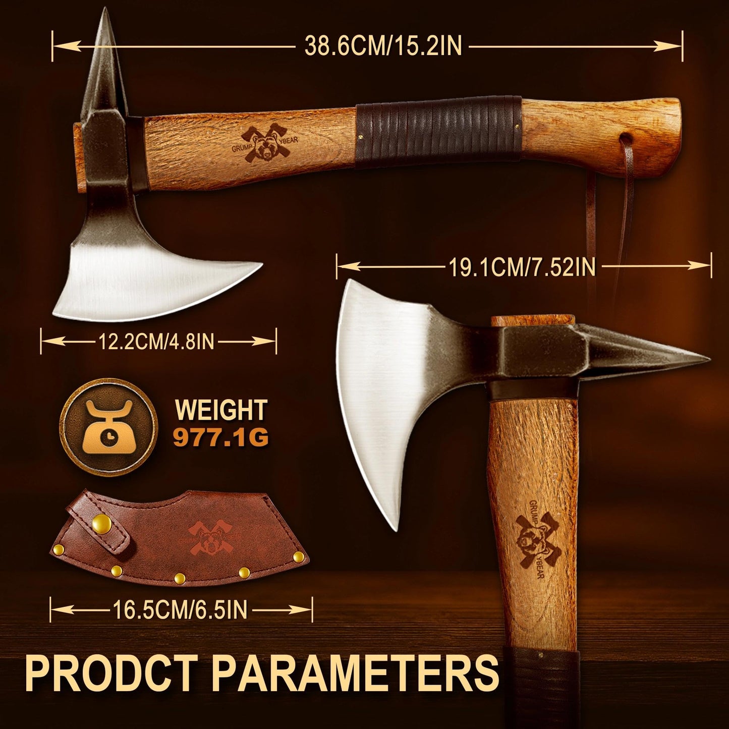 Grumpy Bear 15" Camping Hatchet, Survival Axe with Sheath, High Carbon Steel and Wood Handle, Anti-Slip Grip – Ideal for Bushcraft, Wood Splitting & Outdoor Adventures