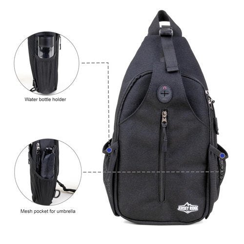JERSEY RIDGE Crossbody Sling Bag – Anti-Theft Carryall Daypack Backpack with Adjustable Chest Strap for Travel or Hiking (Black)