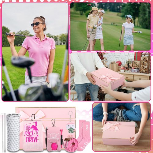 Patelai Pink Golf Gifts for Women Funny Golfing Accessories Gifts Set for Golfer Lovers Includes Golf Balls Tumbler Portable Bag Tees Metal Divot Repair Tool Towel Sash Socks Mother's Day Favor