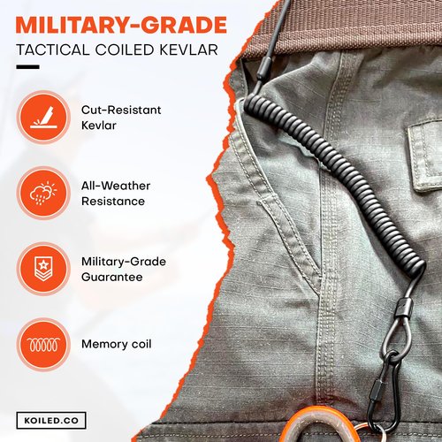 Koiled Military-Grade Braided Kevlar Cord Heavy Duty Retractable Lanyard - Carabiner Clip, 265lb/120kg Breaking Strength - Security Belt, Key Chain, Tether Strap for Weapons, Guns, Keys, Tactical Gear