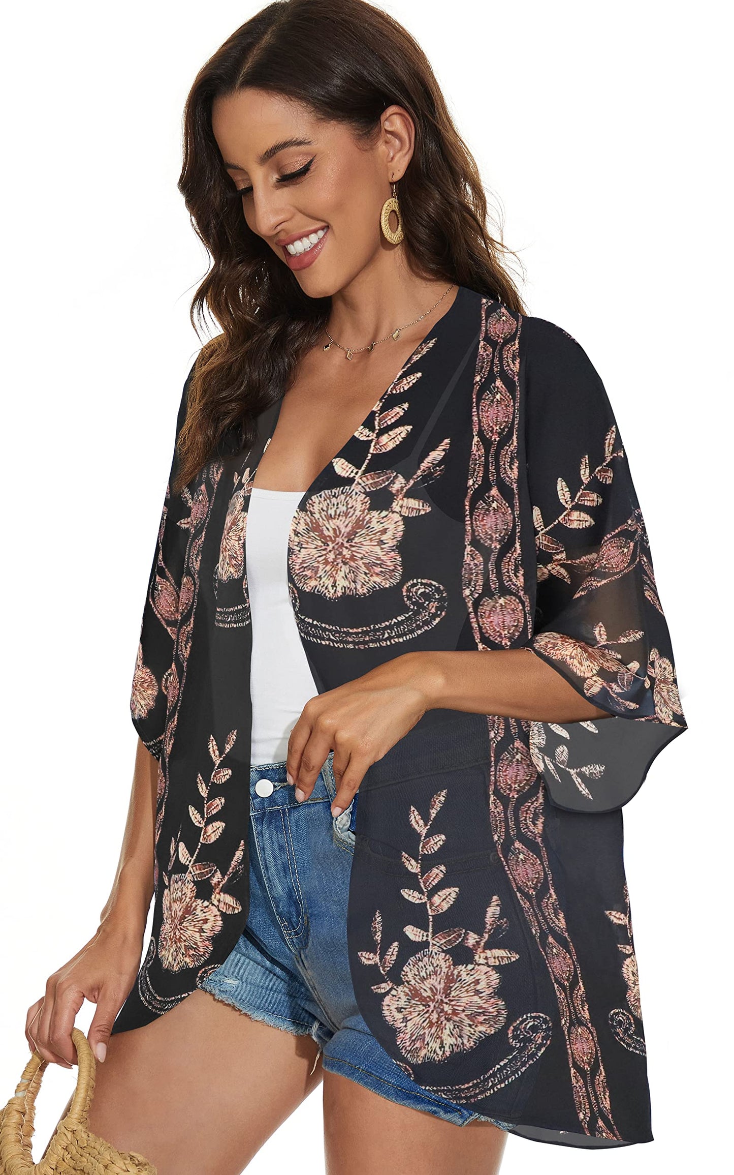 Kimono Cardigans Floral Womens Tops Dressy Casual Spring Cover ups Chiffon Open Front Shirts (BlackLace,S)