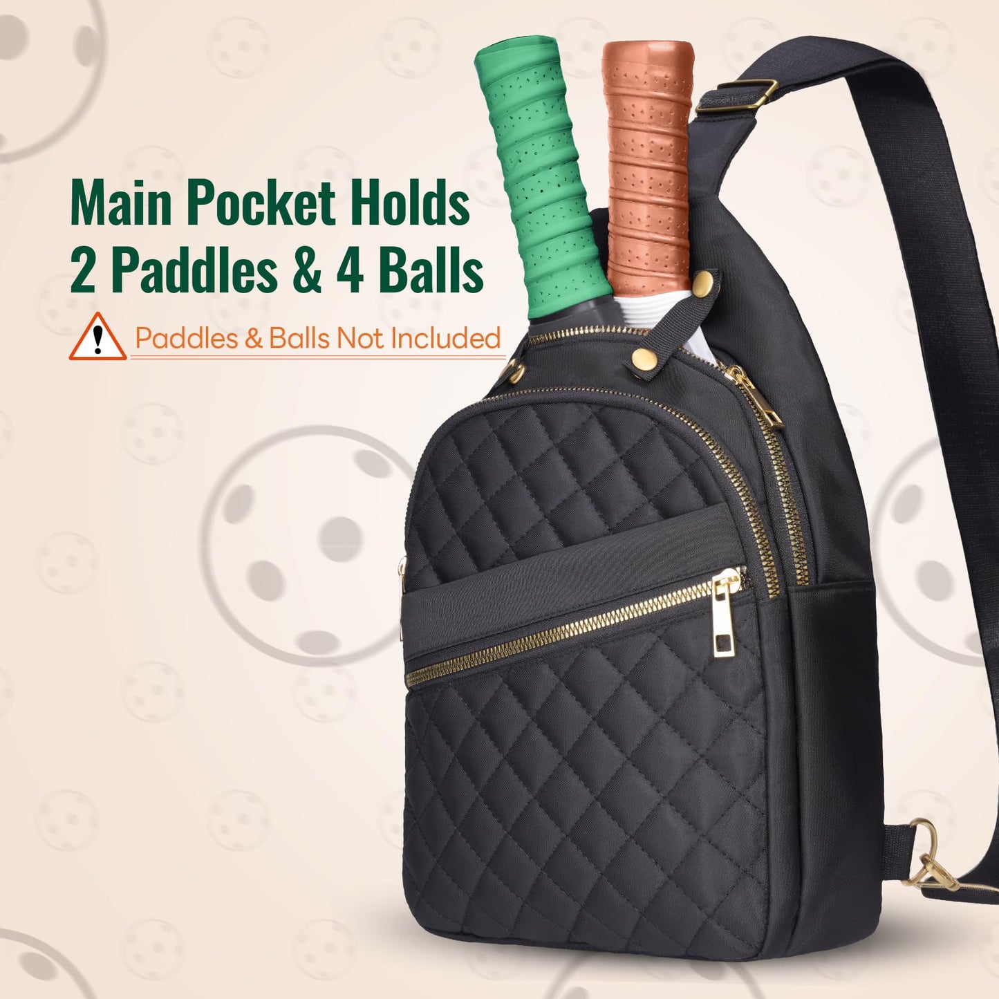 NiHome Pickleball Sling Bag for Men & Women, Water-Repellent Polyester Crossbody Backpack with Adjustable Strap, Fits 2 Paddles & 6 Balls, Tablet Pocket, Front Zipper Storage for Phone & Gear (Black)