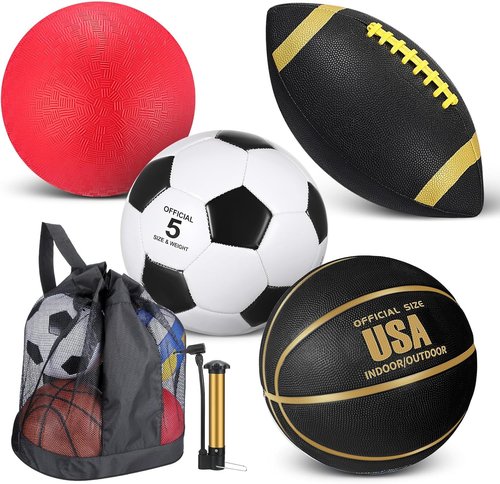 Lenwen Sports Balls Set - 4 Pcs Official Size Basketball, Soccer, Football & Pump | Perfect for Teens & Adults