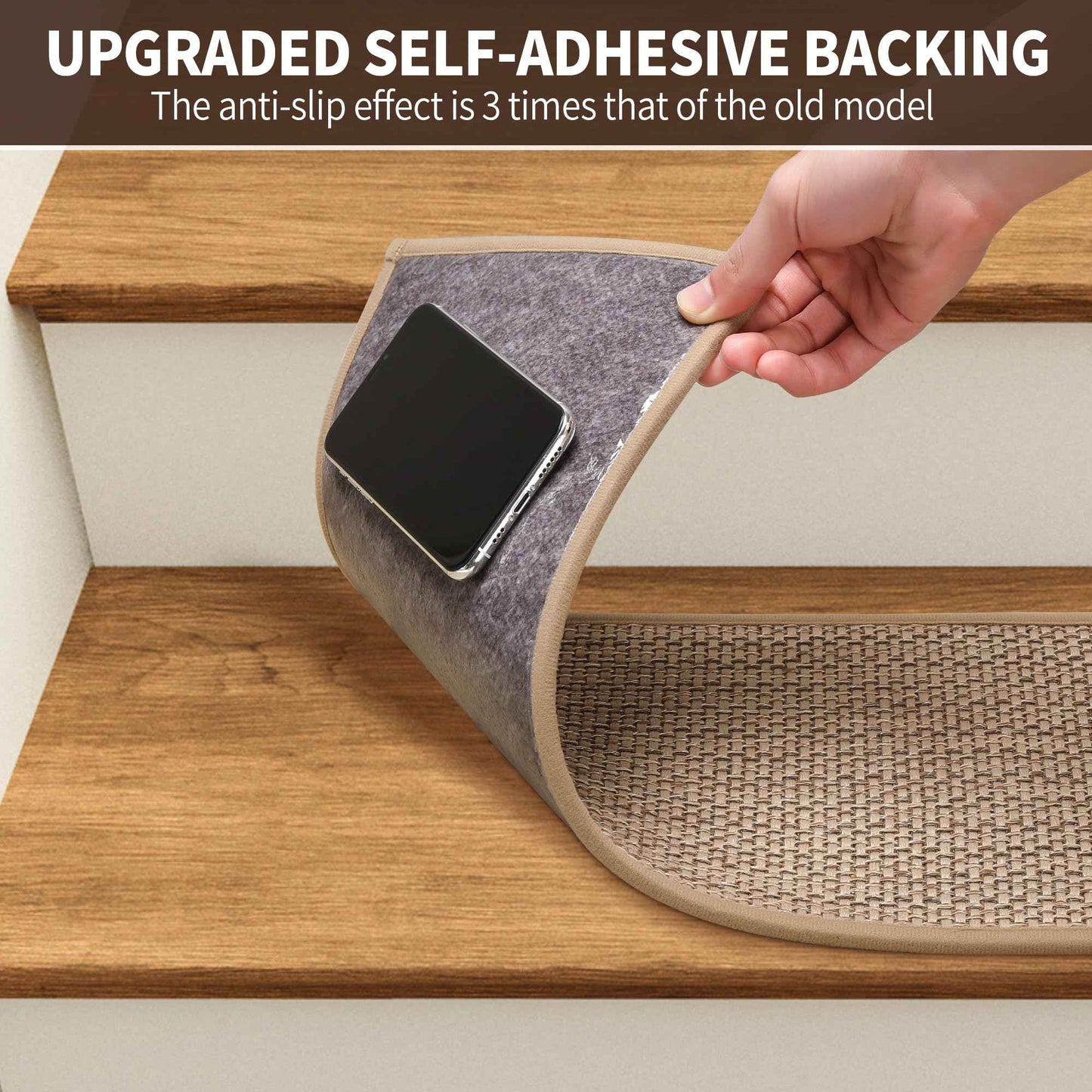 GROWLING Linen Stair Treads for Wooden Steps Indoor 30x8 inch, 4pcs Upgraded Self Adhesive Backing Non Slip Stair Carpets, Peel and Stick Stair Runner Rugs, Reusable Staircase Step Treads(Beige)