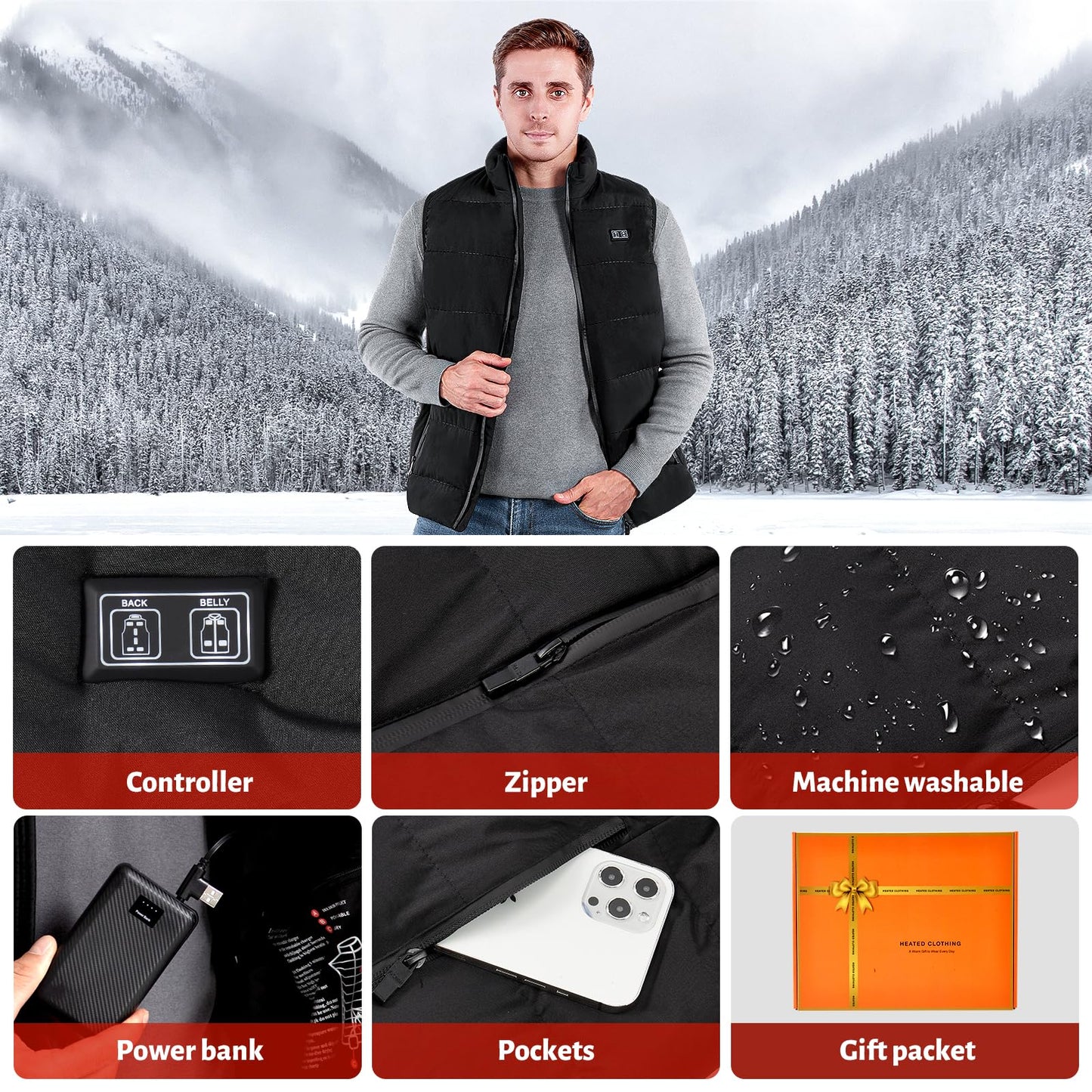 GYIPFIPA Rechargeable Heated Vest, 11 Heating Zones Warming Heated Jacket Rechargeable Heated Vest with 16000mah Battery Pack(XXLarge)