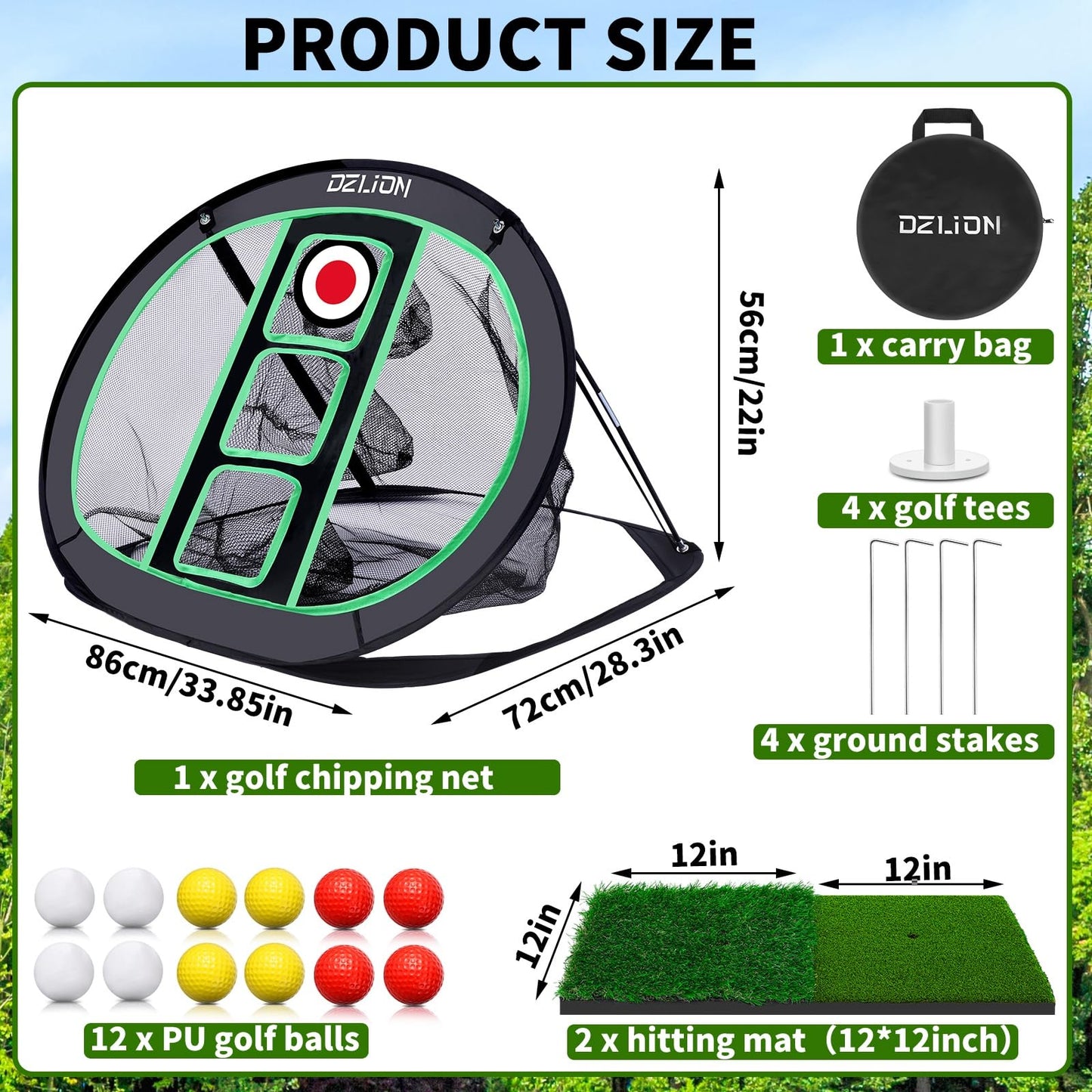 Golf Chipping Net and Mat Set - Pop Up Foldable Indoor Training Target with 2 Hitting Mats and 12 Practice Balls - Gifts for Men, Golfers, Teenage Boys
