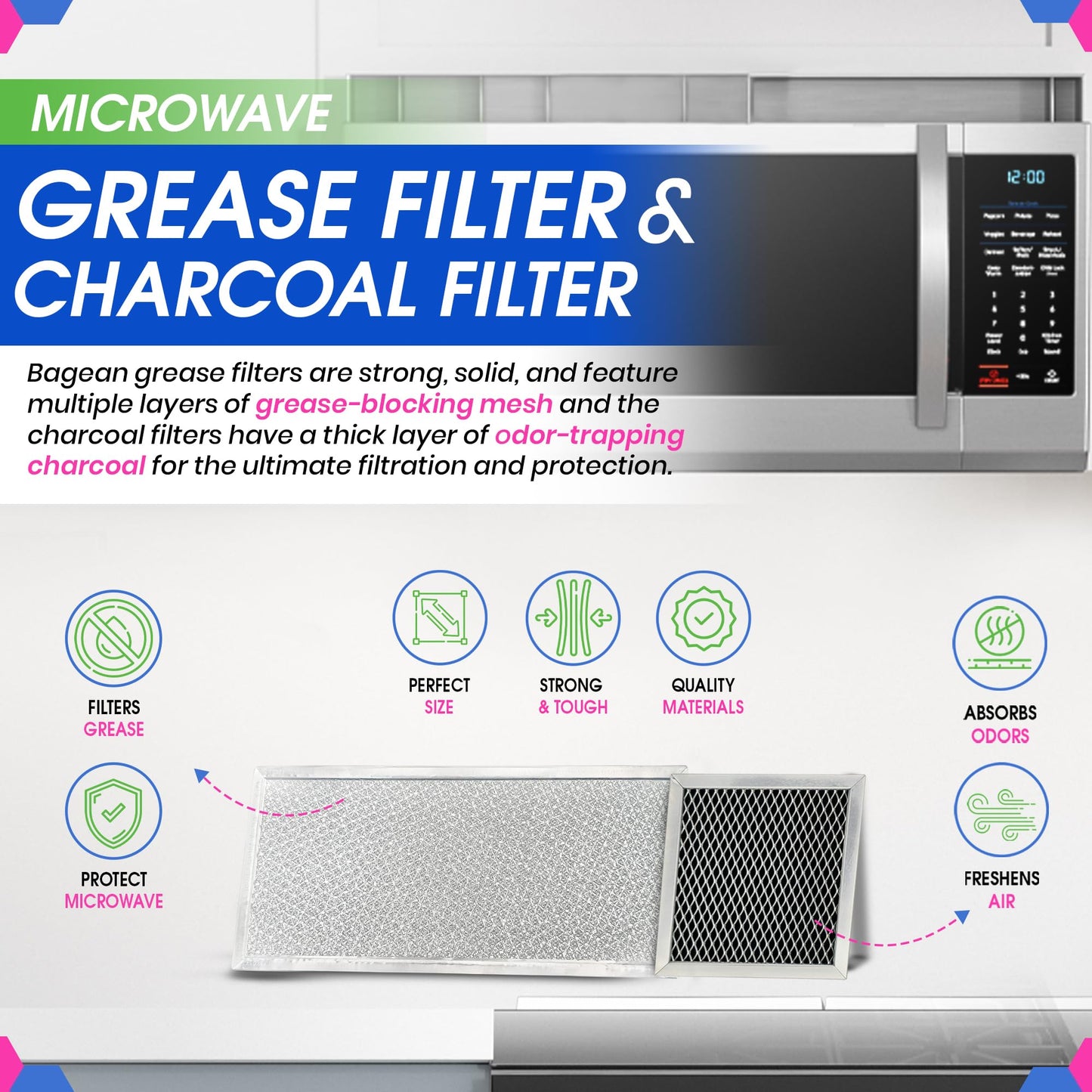 Bagean Grease Microwave Vent Filter W10208631A and Charcoal 8206230A Whirlpool Microwave Filter Replacement Combo Pack - Aluminum Mesh and Carbon Filters Refresh The Kitchen Stove Oven Air (2-Sets)
