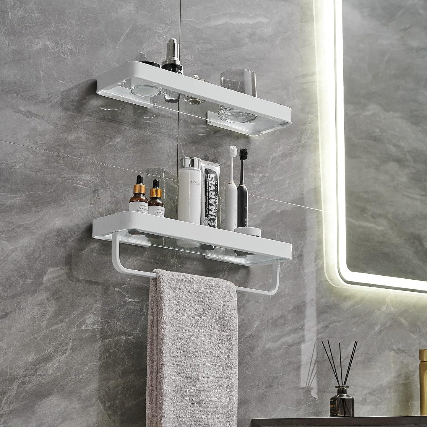Wall Mounted Glass Bathroom Shelves - 2-Tier Floating Organizer in Black