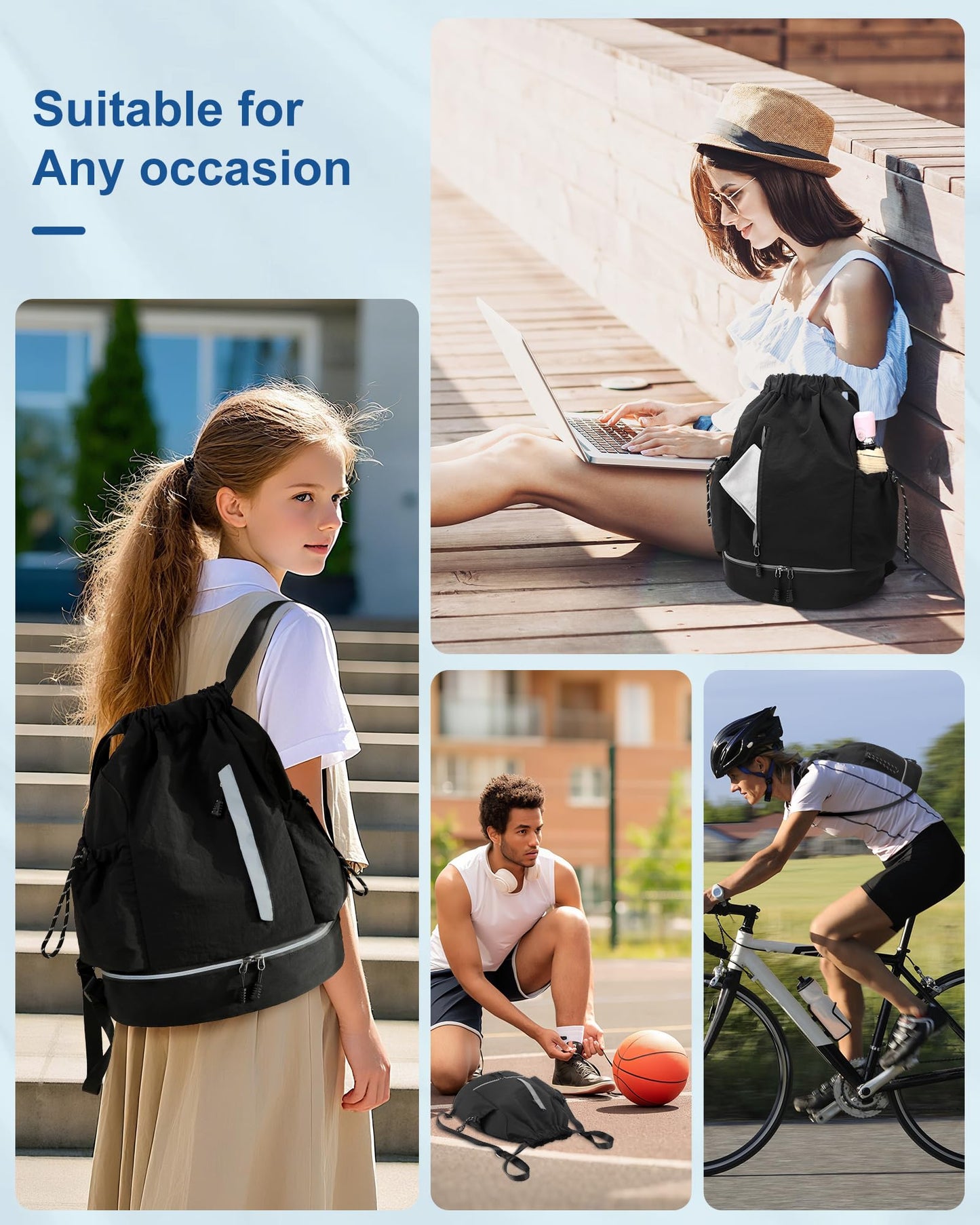 JELUTAR Drawstring Backpack for Men Women Water-Resistant Gym Bag with Shoe Compartment Lightweight String Sport Sackpack for Basketball Soccer Swimming and Travel, Black