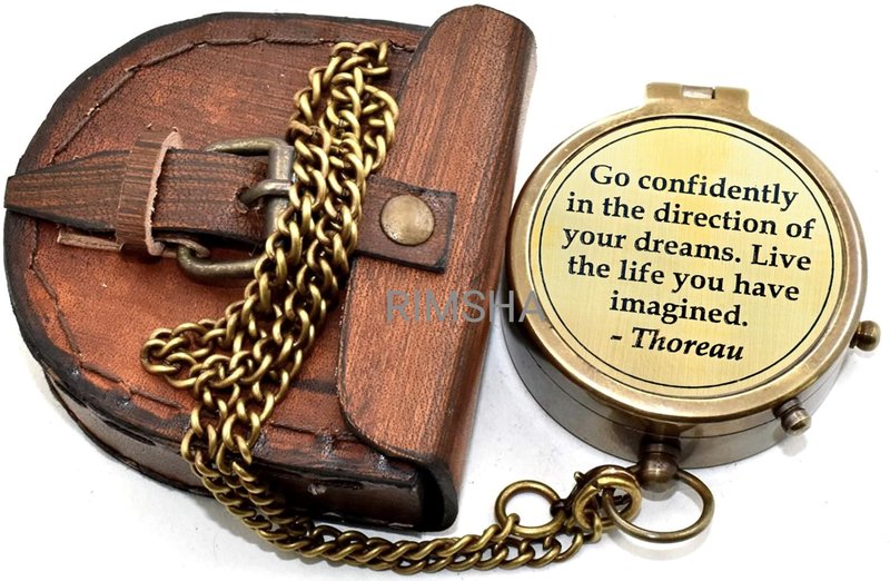 Thoreau's Quote Engraved Antique Nautical Directional Magnetic Compass with Leather Case - Go Confidently Brass Pocket Compass Baptism, Graduation, Christian Gifts for Men, First Confirmation Gift