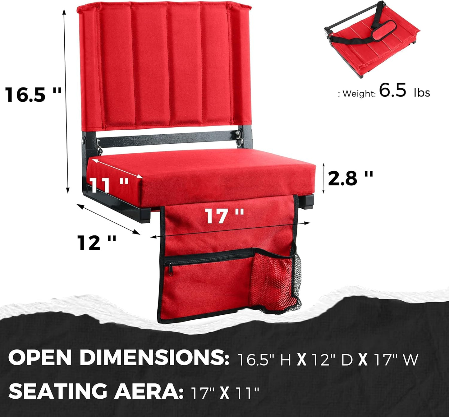 Sport Beats Stadium Seats - Comfortable Bleacher Chairs with Back Support & Cushion | Red, 2-Pack - 17" W x 12" D x 16.5" H
