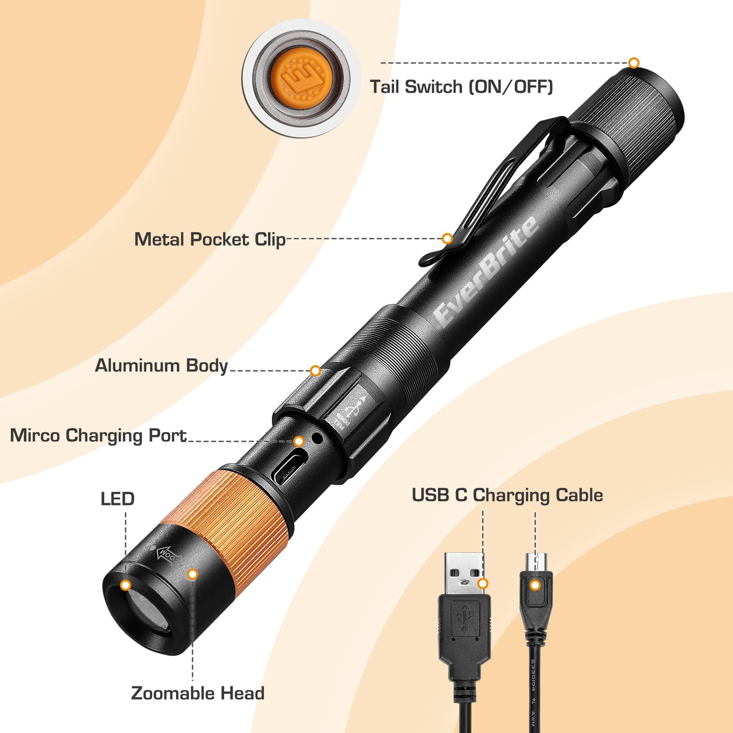 EverBrite Rechargeable Pen Light, 300 Lumens EDC Flashlight, Zoomable LED Pocket Flashlight with Clip, Memory Function and USB C Cable Included, for Camping, Emergency, Gray