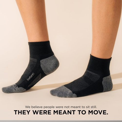 Feetures Elite Max Cushion Quarter Sock- Athletic Running Socks for Men & Women, Targeted Compression, Moisture Wicking - Black, Large (1 Pair)