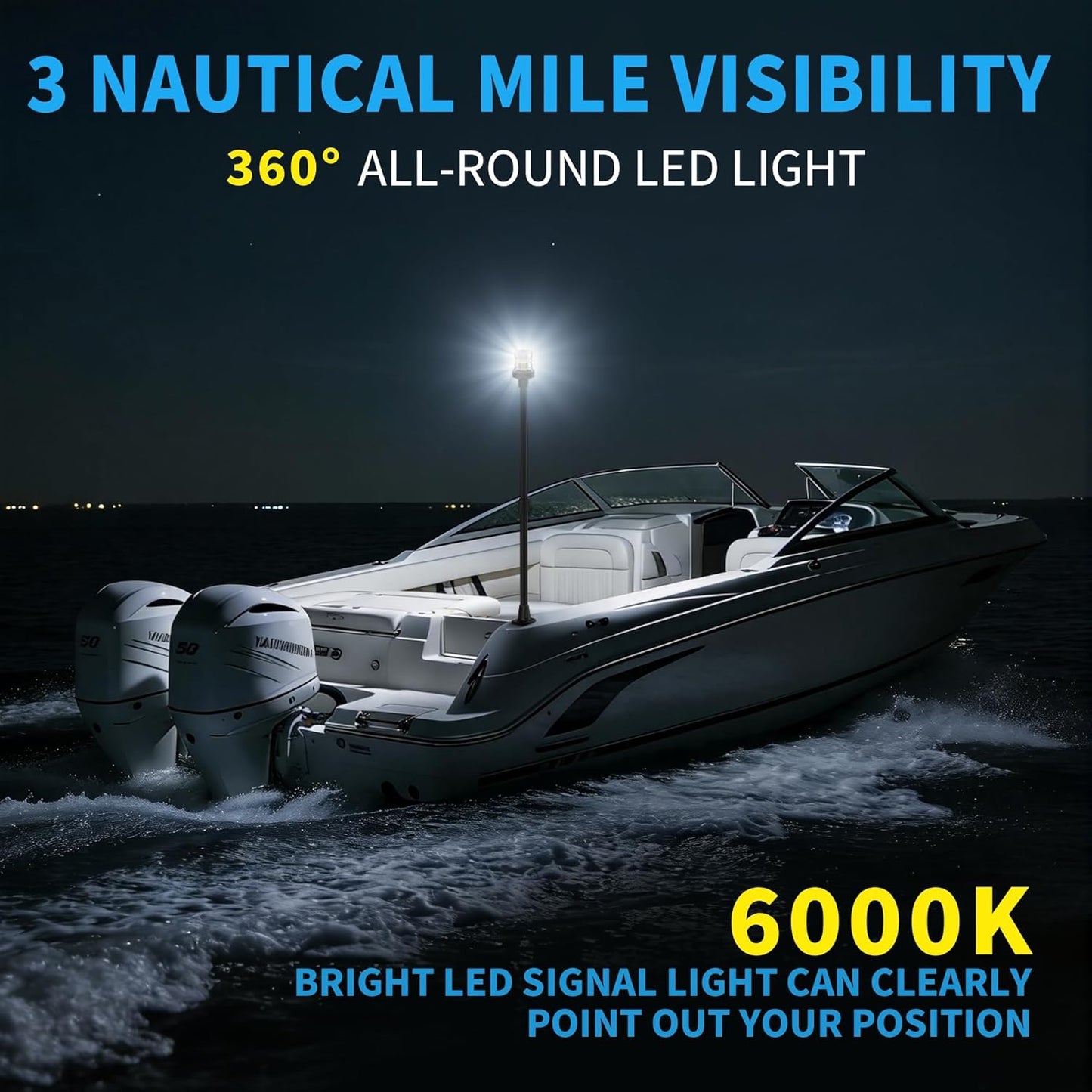 Obcursco LED Boat Stern Light - Telescoping 27"-48" Adjustable Navigation Light | 12V, 3NM, 360° for Pontoon & Yacht