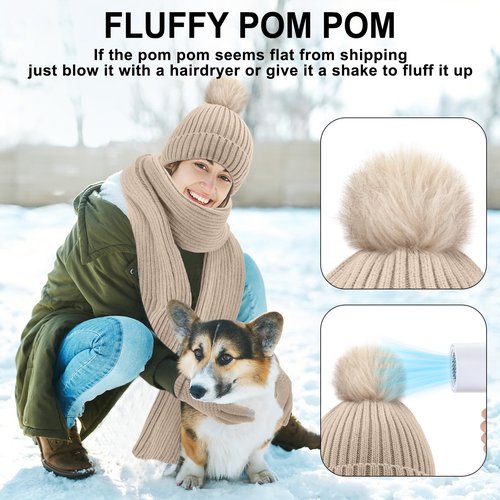 SATINIOR 5 Pieces Winter Beanie Hat Scarf Touchscreen Gloves and Thick Socks Set Knit Fleece Lined Warmer for Men and Women(Beige,Pompom)