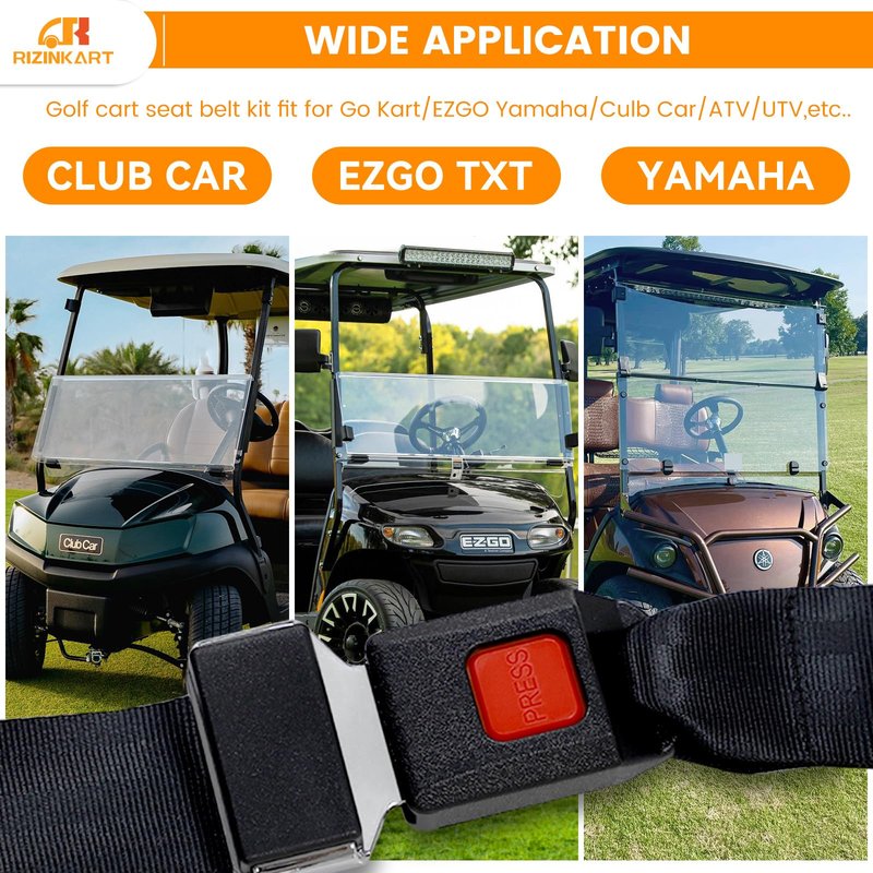 RIZINKART Universal Golf Cart Seat Belts Kit,Polyester Fabric Belt Adjustable & Lengthen Max Length 59",fit for EZGO, Club Car, Yamaha Golf cart. Easy to Install, Front and Rear Seat, 2 Sets