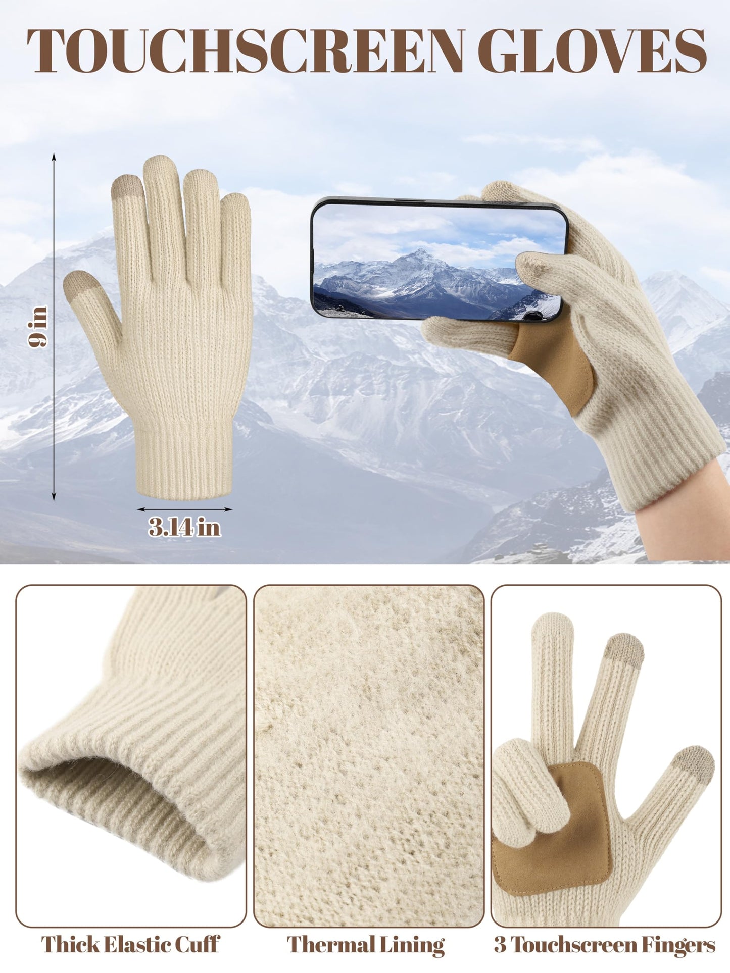 3 in 1 Winter Set, Womens Padded Beanie with Pom Poms Knitted Longe Scarf Leather and Fleece Lined Touchscreen Gloves Oatmeal
