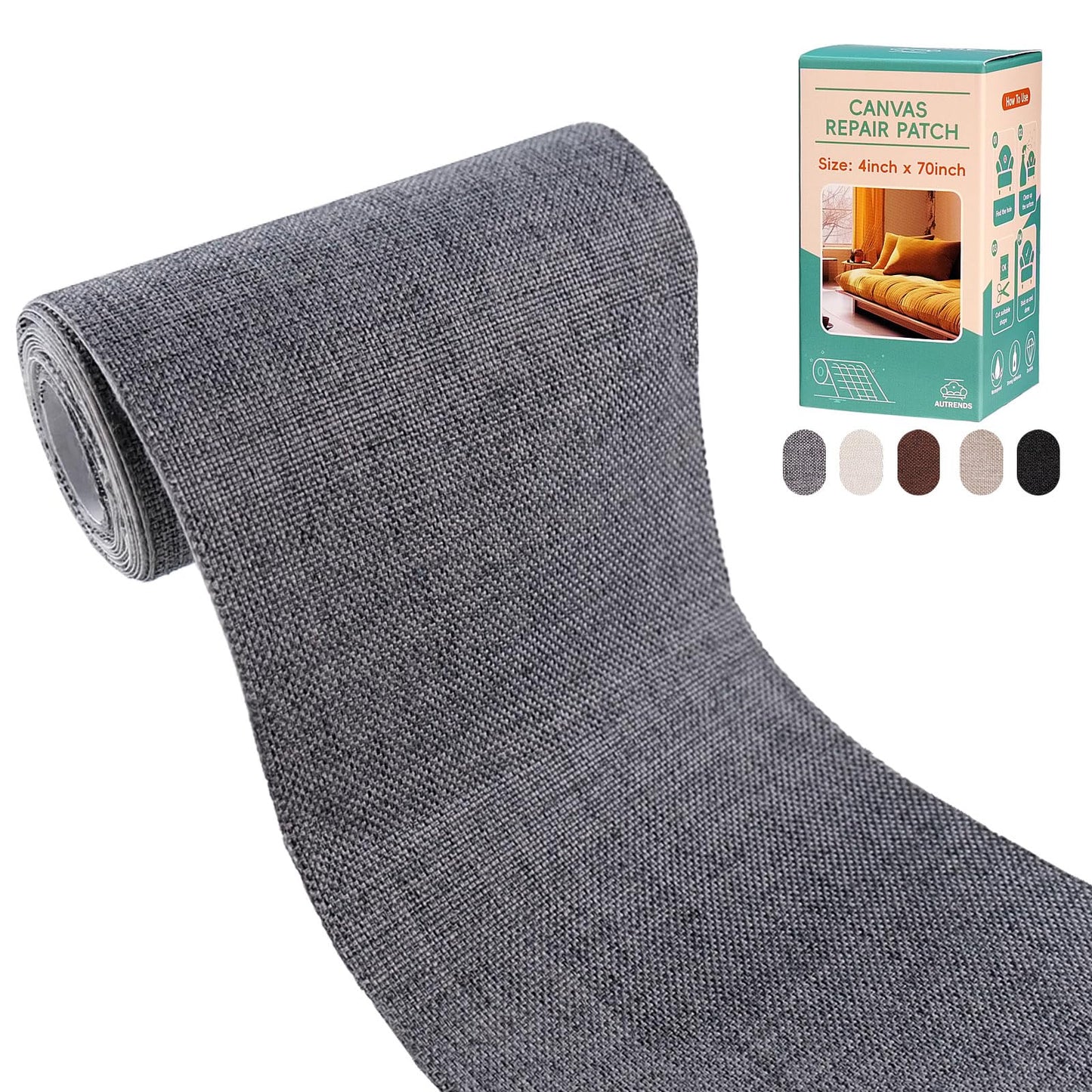 Autrends Canvas Repair Tape,Fabric Repair Patch,4×70 Inches,Outdoor Gear Patch, Waterproof,Self-Adhesive for Repairing Boat Covers,Tents,Sofas,Patio Umbrellas,Lounge Chairs,Awnings Grey