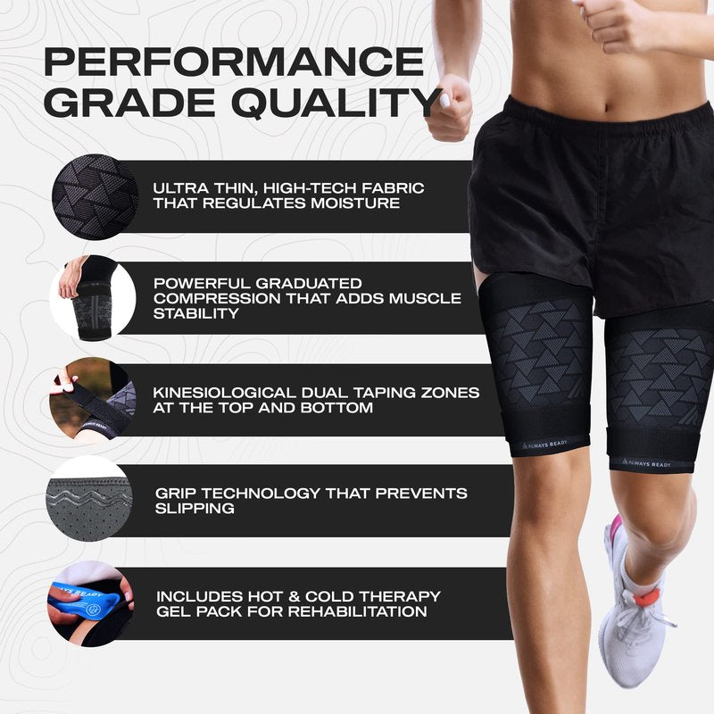 Always Ready, Thigh Compression Support Sleeve (2 Per Pack) with Hot & Cold Gel Pack for Hamstring & Quadricep Muscle Strains & Injury, Men & Women, Two Adjustable Compression Straps, Non-Slip (L)