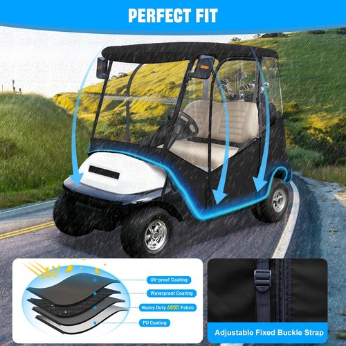 iLSKW Golf Cart Driving Enclosure 2 Passenger Only for Club Car Precedent 2004-Up, Tempo & Onward 2017-Up Cart with Roll Up Door Zipper Design, 4-Side Clear Windows 600D Heavy Duty Rain Cover, Black