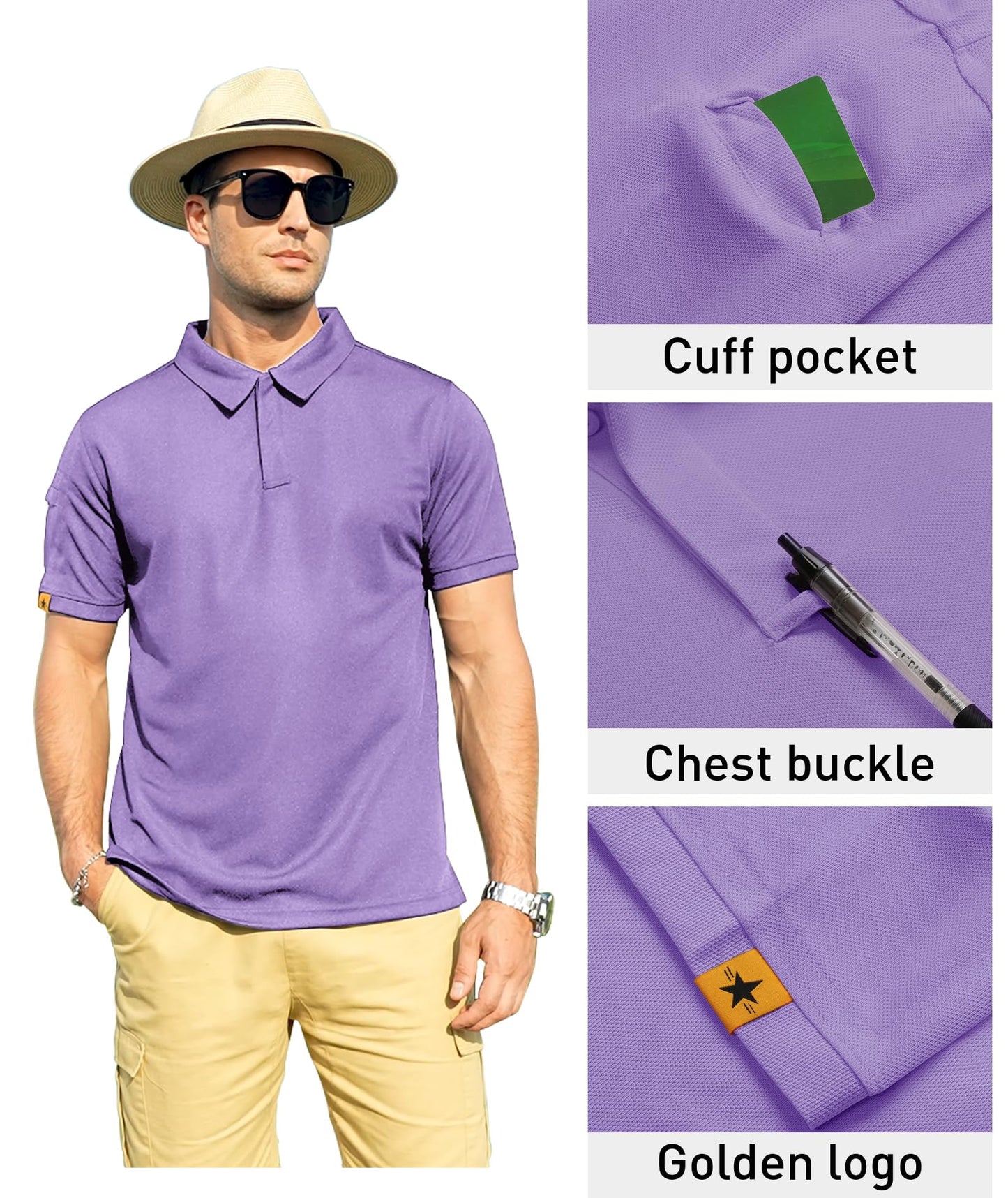 ZITY Mens Polo Shirt Short Sleeve Sports Tactical T-Shirt Athletic Golf Polos Daily Casual Stylish Collared Shirts for Men Lilac XX-Large