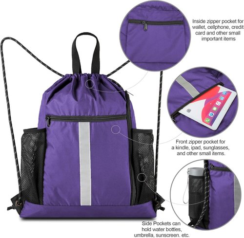 BeeGreen Gym Backpack - Lightweight Purple Drawstring Bag with Shoe Compartment & Dual Water Bottle Holders