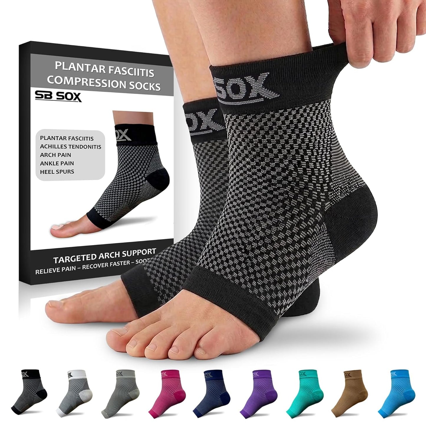 SB SOX Compression Socks for Plantar Fasciitis - Arch Support & Heel Pain Relief | Toeless Ankle Design (Black, Small)