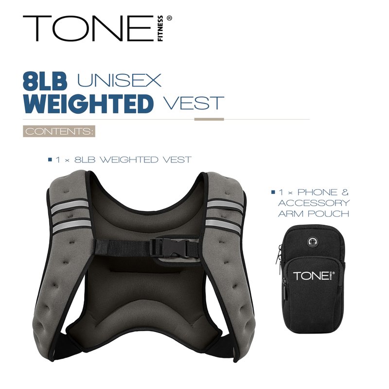TONE Fitness 8LB Weighted Vest Gray – Unisex Workout Vest with Phone Pouch, Reflective Strips, and Adjustable Fit for Walking, Running, Cardio, and Strength Training