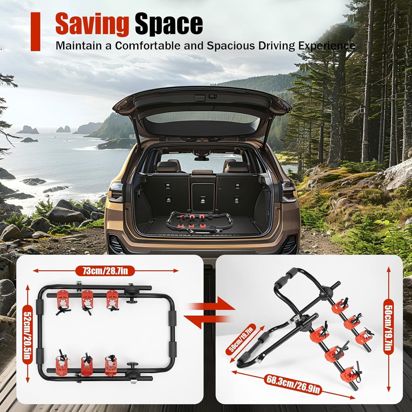 YIYIBYUS 3 Bike Rack Trunk Mount Rack, Foldable Vehicle Bicycle Carrier for Most Cars SUV Sedan Hatchback Minivan, w/Adjustable Straps