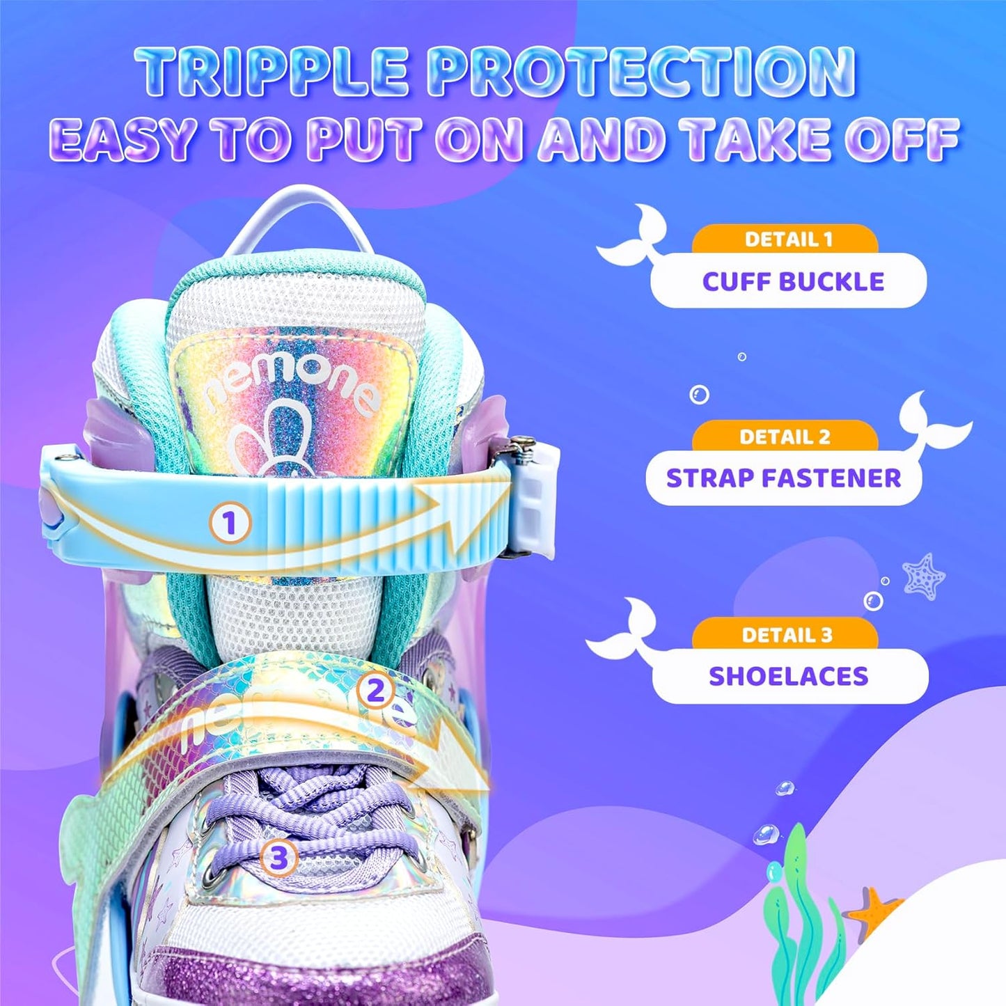 NEMONE Adjustable Light-Up Roller Skates for Girls | Purple & Blue | Perfect for Beginners & Toddlers